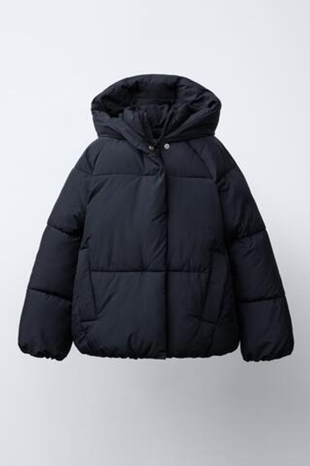 ZARA СТЕГАНАЯ КУРТКА С КАПЮШОНОМ, СИНИЙ