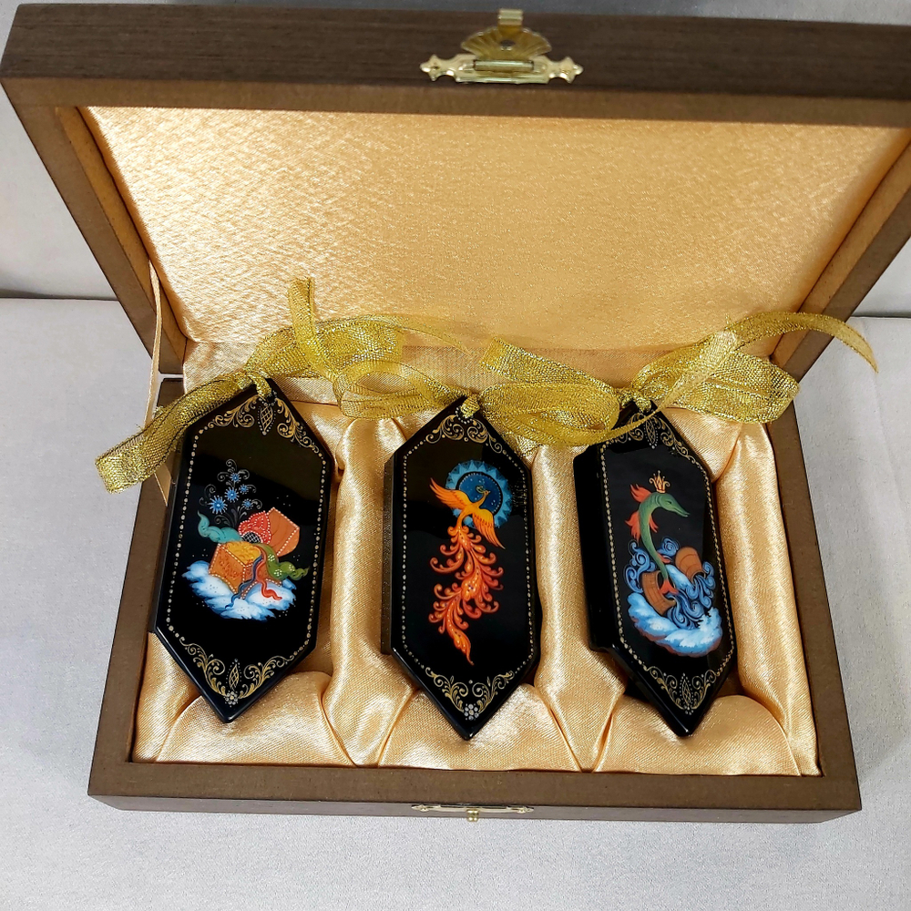 Набор ёлочных игрушек-конфет с ручной росписью Палех "Сказки" в футляре