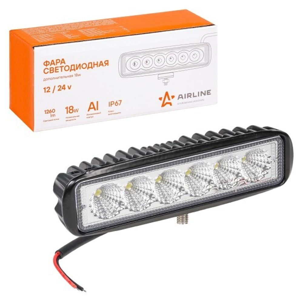 Фара светодиодная дополнительная 6 LED 18W 12-24V (прямоугольная) 157*42*40 рассеянный свет (AIRLINE)