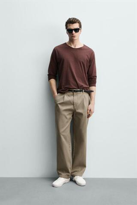 ZARA БРЮКИ ЧИНОС RELAXED FIT СО СКЛАДКАМИ, БЕЖЕВЫЙ