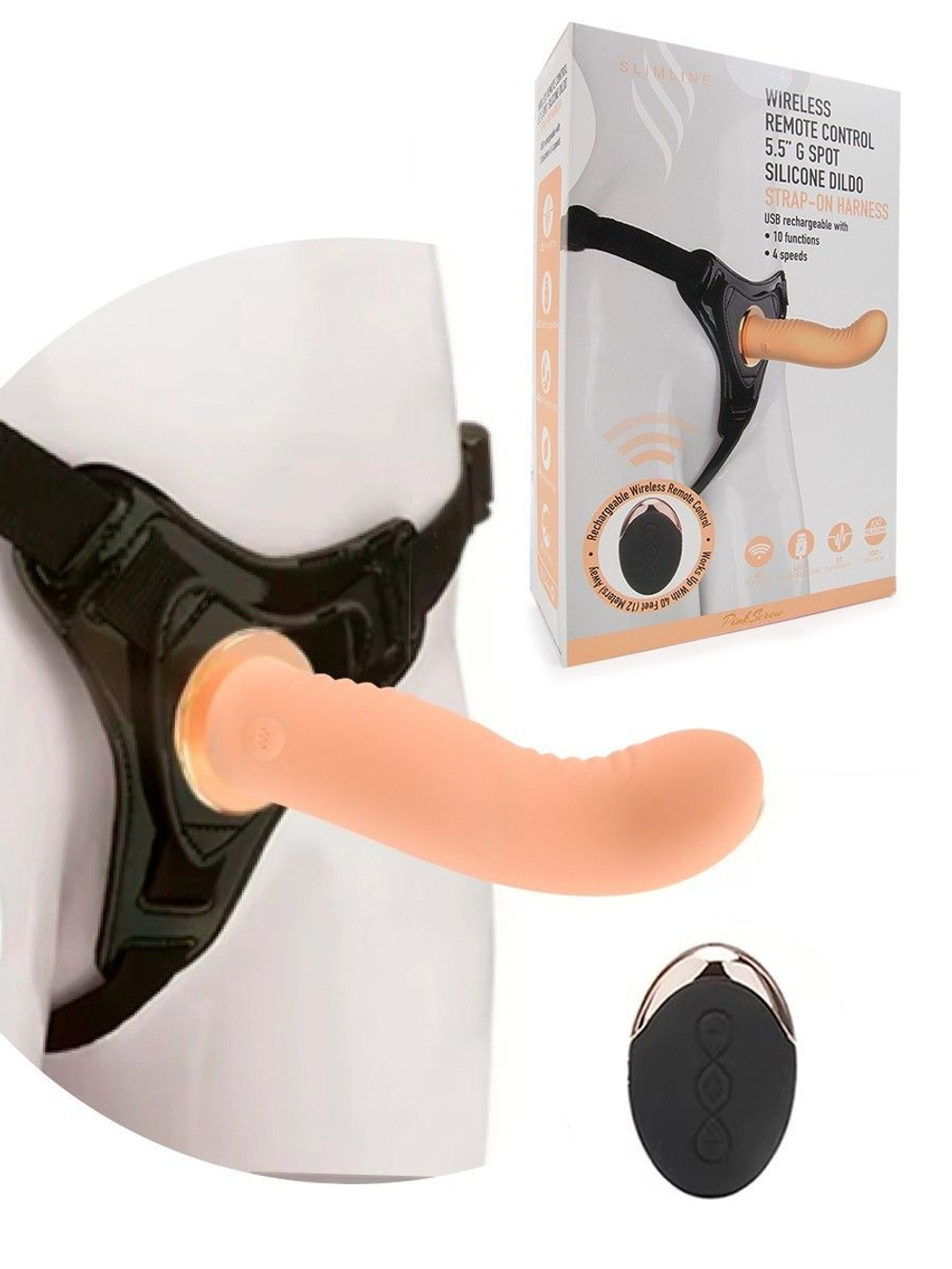 Женский вибрострапон со съемной насадкой и пультом ДУ (Цвет: телесный с черным)