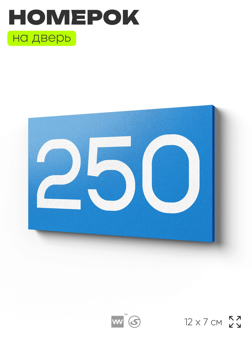 Номер на дверь 250, табличка на дверь для офиса, квартиры, кабинета, аудитории, склада, голубой 120х70 мм, Айдентика Технолоджи