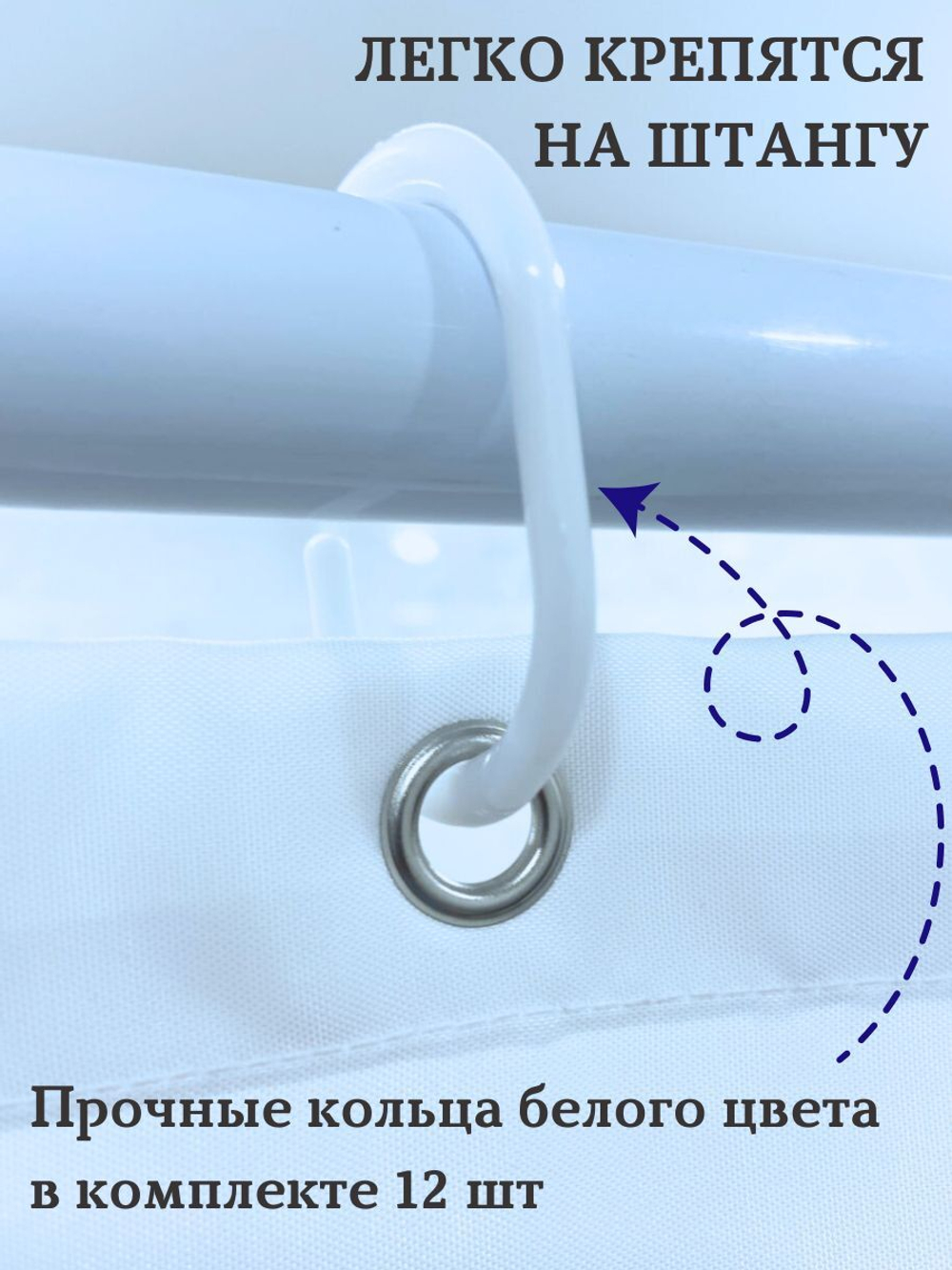 Штора для ванной комнаты тканевая белая 180х180 см, с утяжелителем, на больших люверсах (вешаем сразу на карниз)