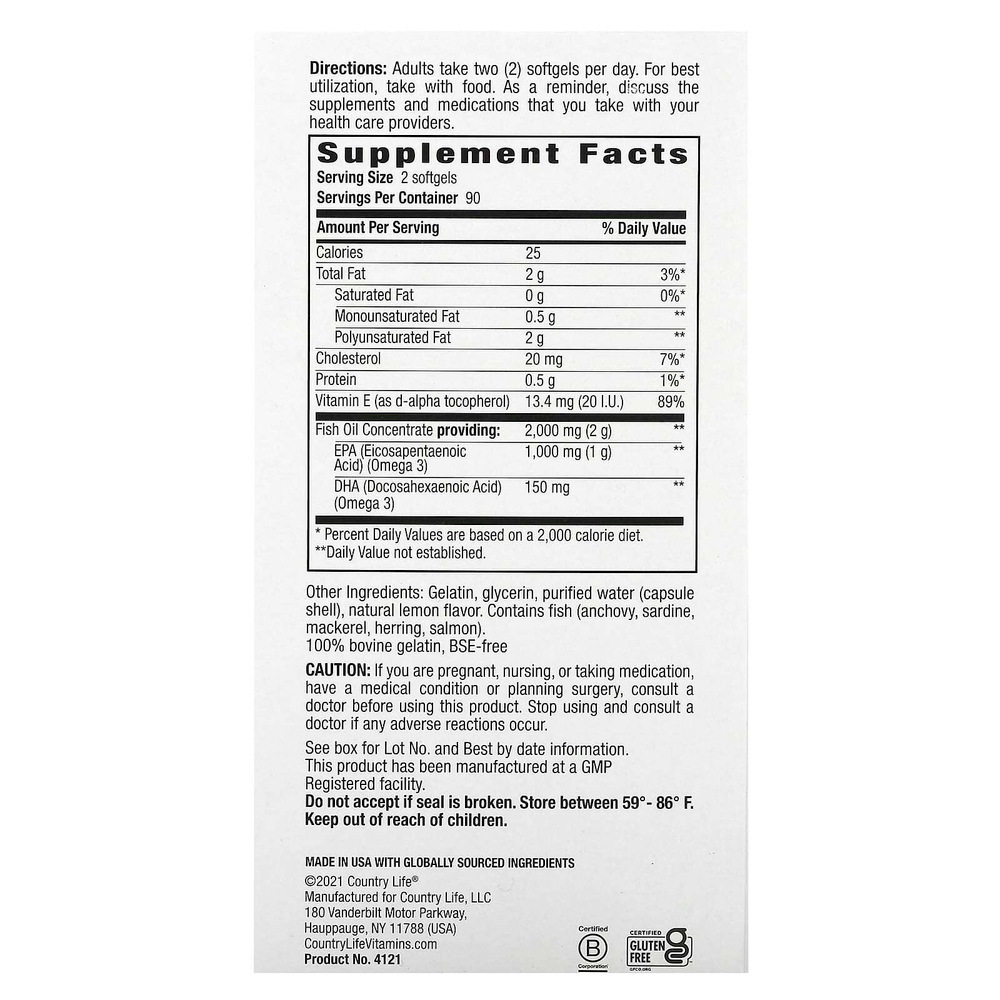 Country Life, Omega 3 Mood, с натуральным вкусом лимона, 180 мягких желатиновых капсул