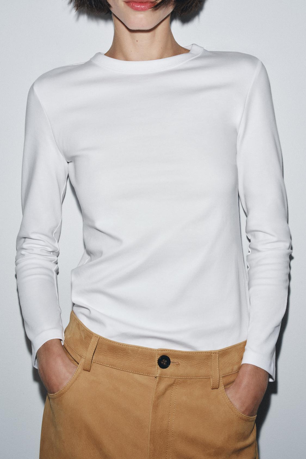 ZARA ФУТБОЛКА INTERLOCK С ДЛИННЫМИ РУКАВАМИ, БЕЛЫЙ