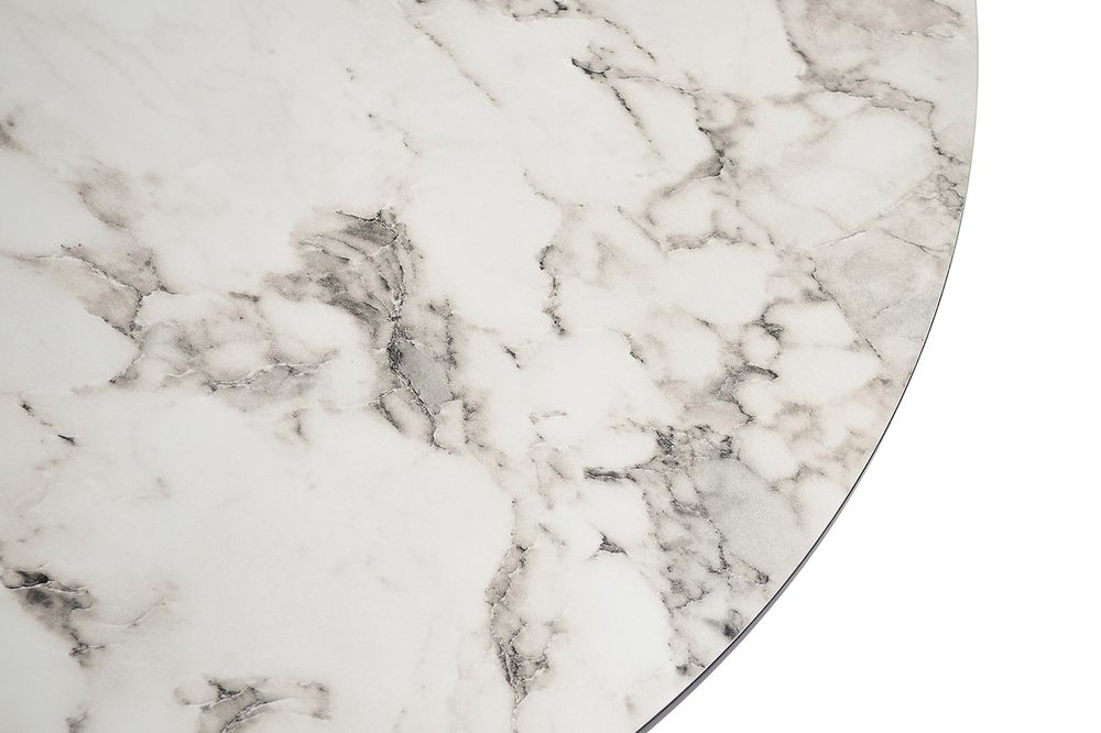 "Чили" интерьерный стол из HPL круглый Ø65 H32, каркас белый муар, цвет мрамор Каррара