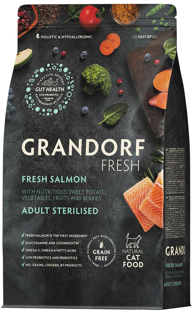 Grandorf Fresh 2кг Holistic Sretilised Salmon&amp;Sweet Potato Сухой корм для стерилизованных кошек, свежее мясо лосося с бататом