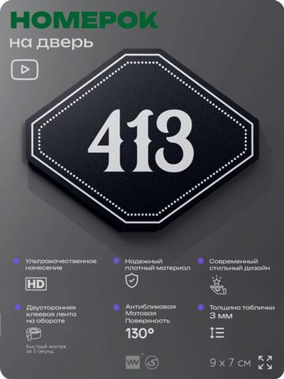 Номерок на дверь квартиры 413, для кабинета, офиса, шильдик 9 х 7 см, черный, Айдентика Технолоджи
