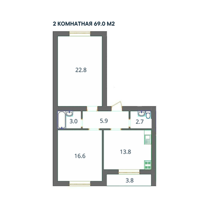 2-комн. квартира, 69 м², 2/3 этаж