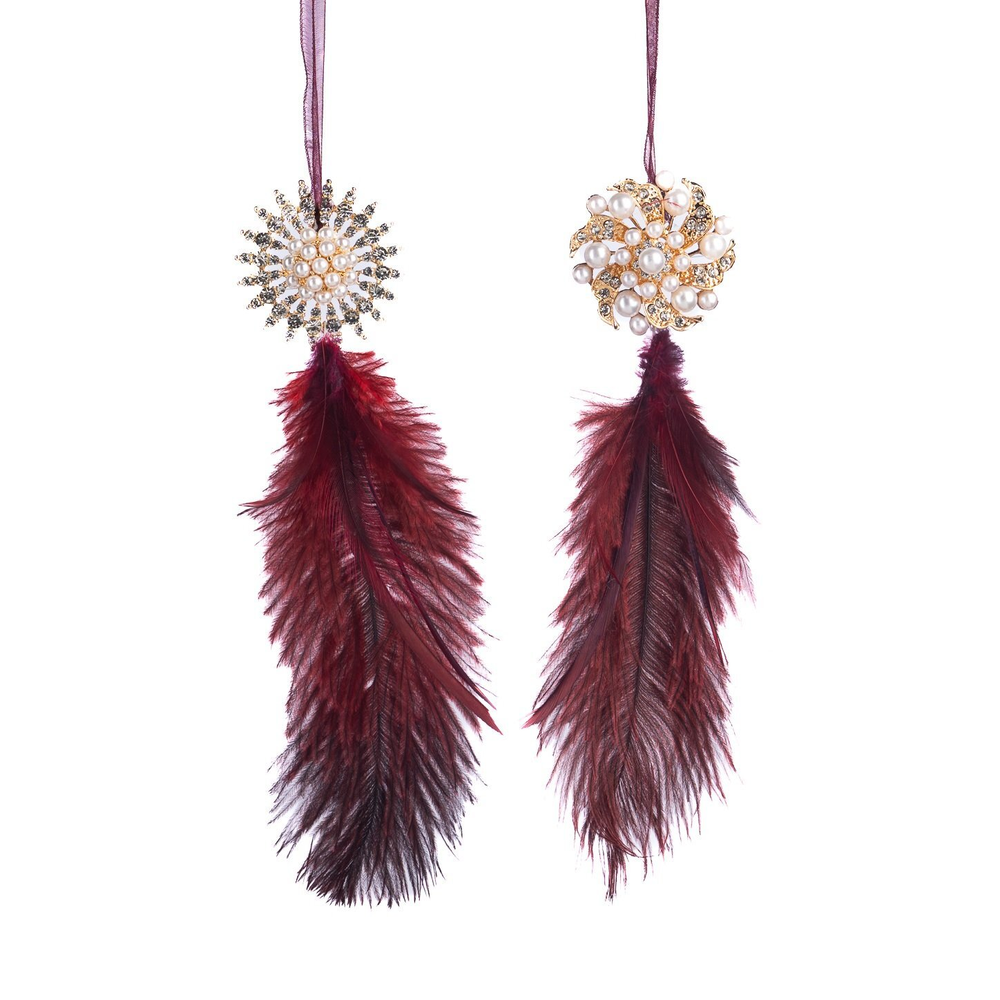 Набор украшений на елку 2шт 22см Goodwill Перышки с жемчужинами бургунди