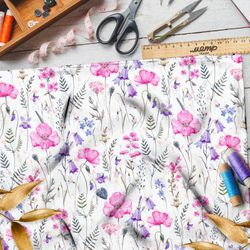 Ткань блэкаут розовые цветы и колокольчики на белом фоне