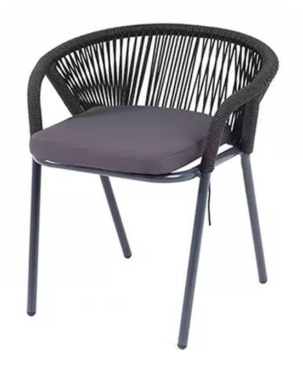 "Женева" стул плетеный из роупа, каркас алюминий темно-серый (RAL7024) муар, роуп темно-серый круглый, ткань темно-серая 019
