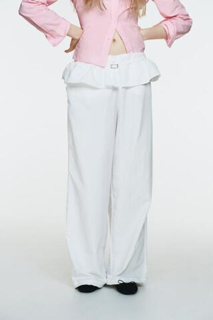 ZARA БРЮКИ ИЗ НЕЙЛОНА С НАКЛАДНЫМ ПОЯСОМ, БЕЛЫЙ