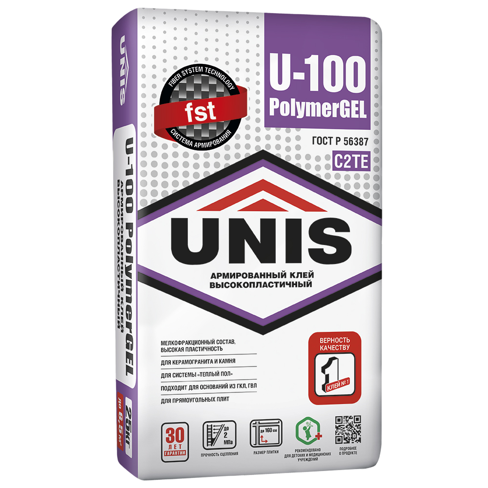 Клей для керамогранита крупного формата высокопластичный Unis U-100 PolymerGEL C2TE 25 кг