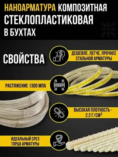 Арматура стеклопластиковая композитная d 8мм бухта 100м ГОСТ, для фундамента, строительства, теплиц, арматура для дуг