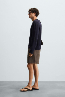 ZARA ШОРТЫ-БЕРМУДЫ REGULAR FIT В ПОЛОСКУ, КОРИЧНЕВЫЙ