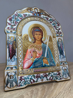 Ангел хранитель, икона арочная с рамкой, красное дерево, эмаль 206х270