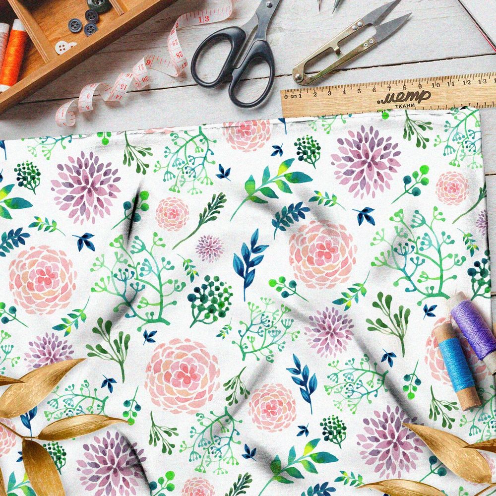 Ткань футер 2-х нитка акварельные георгины и трава