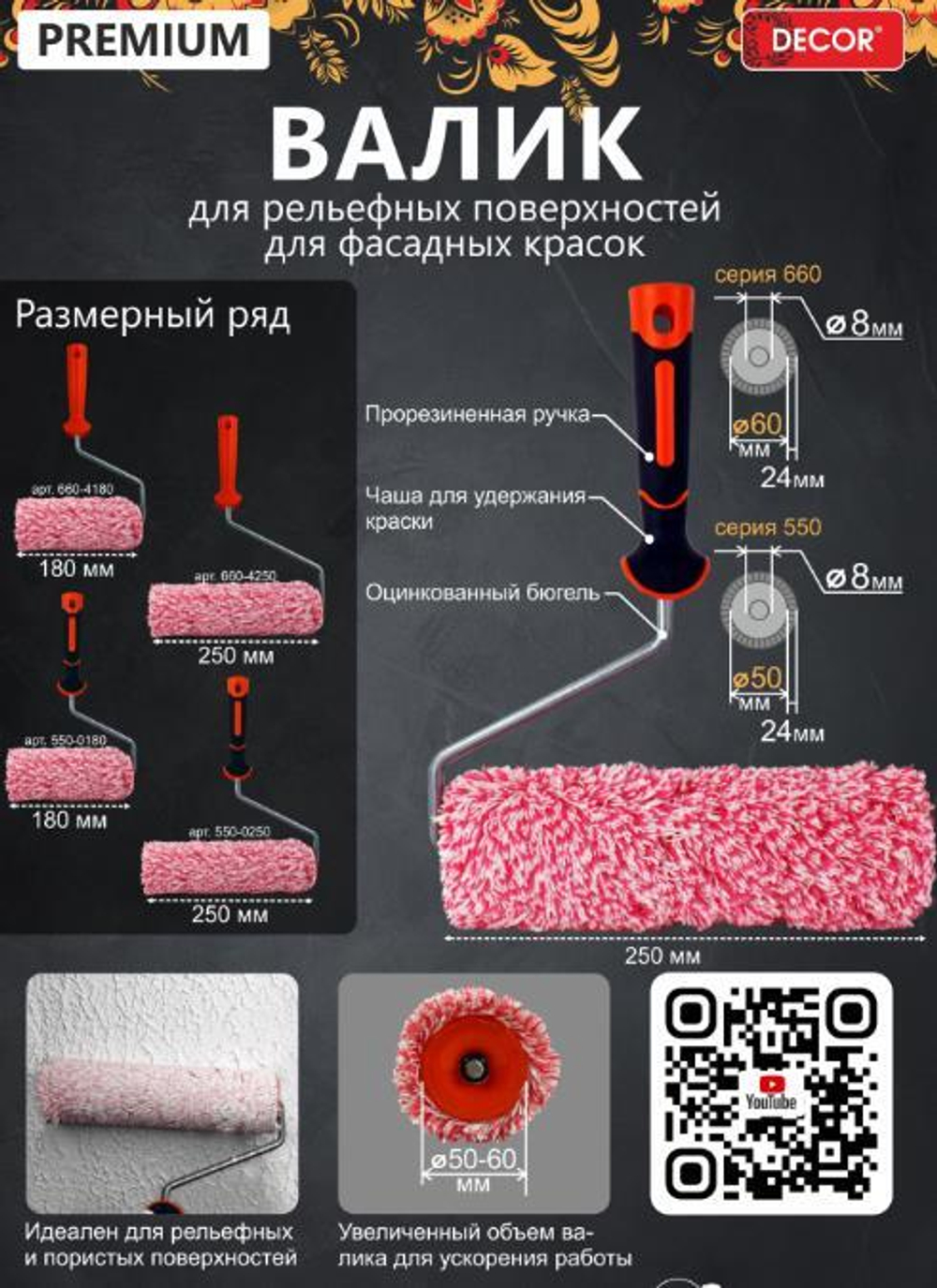 Валик Полиакрил  180мм, d50мм, d8мм, ворс24мм  2К  ПРЕМИУМ фасад Бело-красные нитки PROFI/ 550-0180
