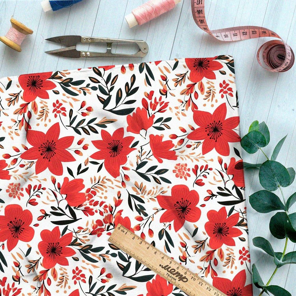 Ткань премиум бифлекс яркие красные цветы