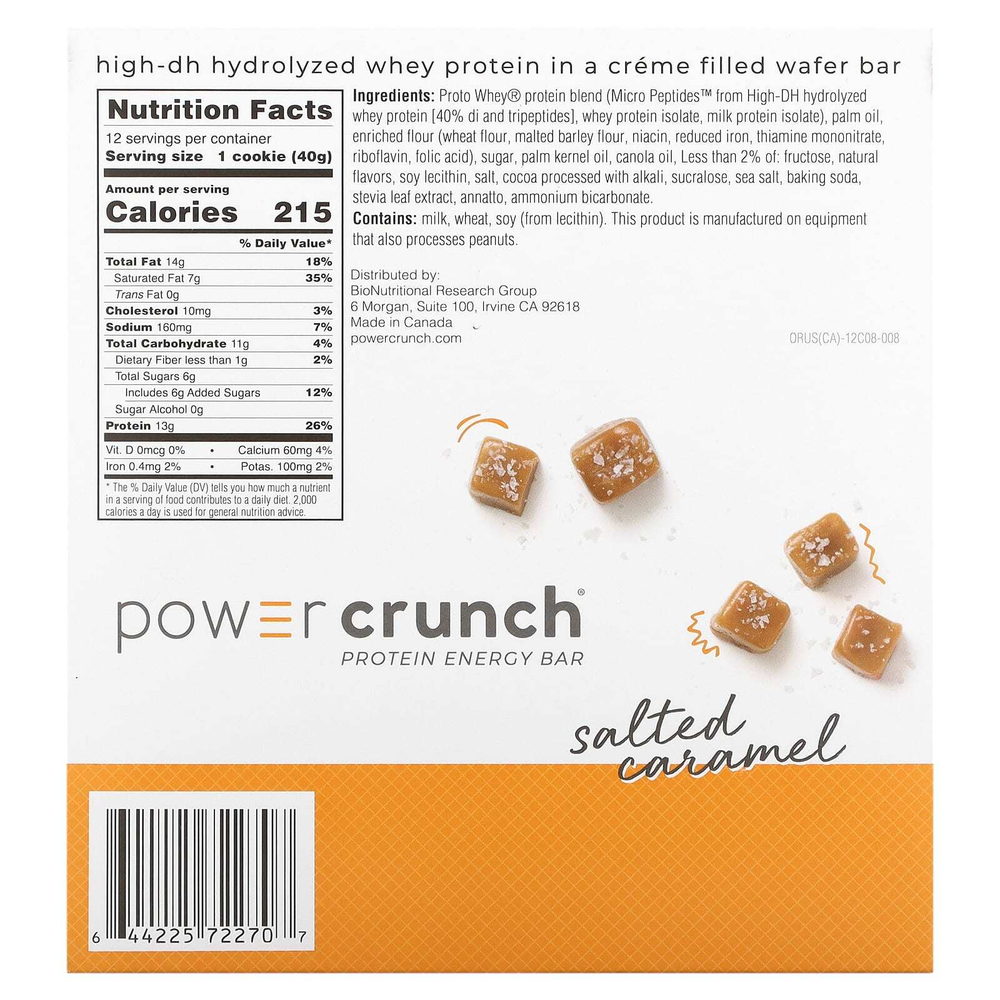 BNRG, Протеиновый энергетический батончик Power Crunch, оригинальная рецептура, соленая карамель, 12 батончиков, 40 г каждый