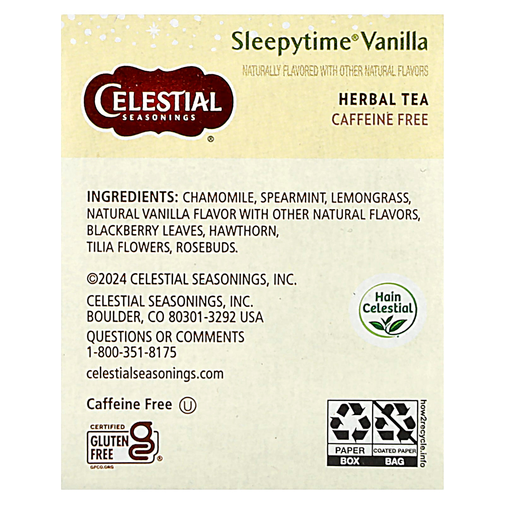 Celestial Seasonings, Травяной чай, Sleepytime Vanilla, без кофеина, 20 пакетиков, 1,0 унции (29 г)