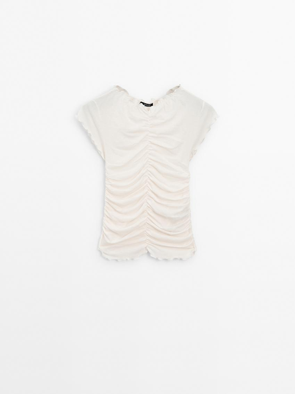 Massimo Dutti Футболка из хлопка со сборкой, натуральный, кремовый