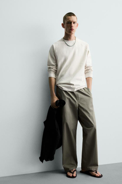 ZARA ХЛОПКОВЫЕ БРЮКИ RELAXED FIT, СВЕТЛЫЙ ХАКИ