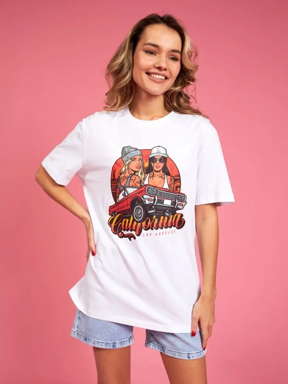 Футболка женская оверсайз белая с принтом лос анджелес