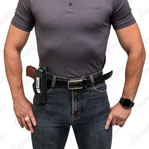 Кобура поясная к ПМ универсальная с пружиной для скрытого ношения(кожа) черная (HS-ПК-7ч) Helios