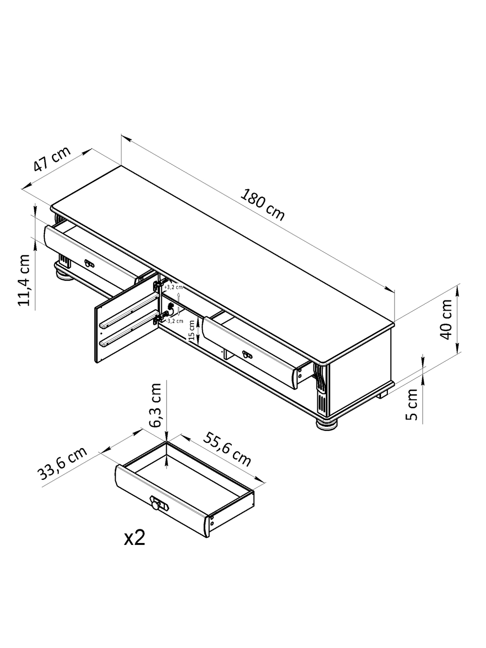 Тумба под телевизор 180х47х40, Susanna, с ящиками и полками, под тв, массив сосны, серый, Dipriz