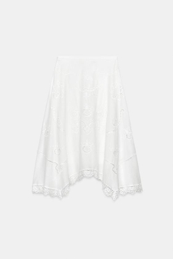 ZARA ЮБКА АСИММЕТРИЧНОГО КРОЯ С ВЫШИВКОЙ — ZW COLLECTION, БЕЛЫЙ