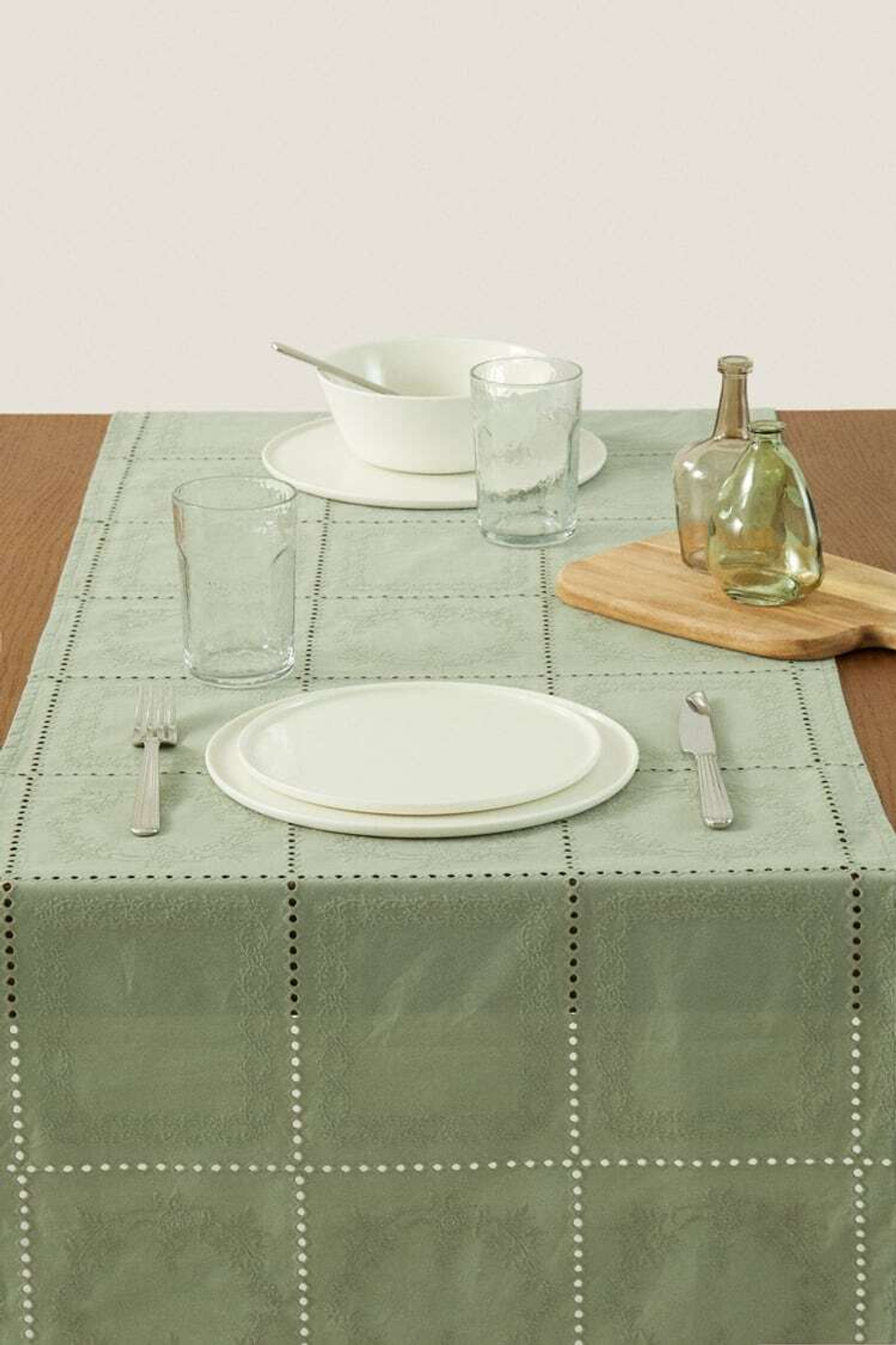 ZARA HOME ДОРОЖКА ДЛЯ СТОЛА С ВЫШИВКОЙ В КЛЕТКУ, ЗЕЛЕНЫЙ