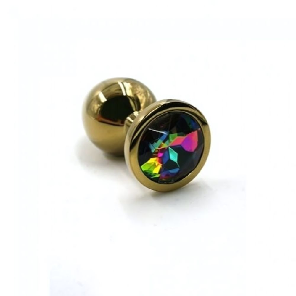 Металлическая анальная пробка Medium rainbow gold (Цвет: цвет пробки золотой, цвет камня: радужный.)