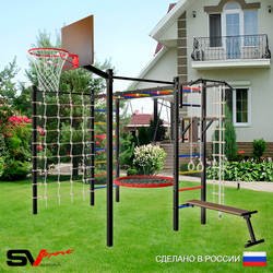 Уличная шведская стенка Sv Sport рукоход с комплектом турник прямой 2шт У5266К (Турник/Брусья/Скамья/Гнездо 80см/Щит баскет/Канат/кольца/лестница/Сетка)