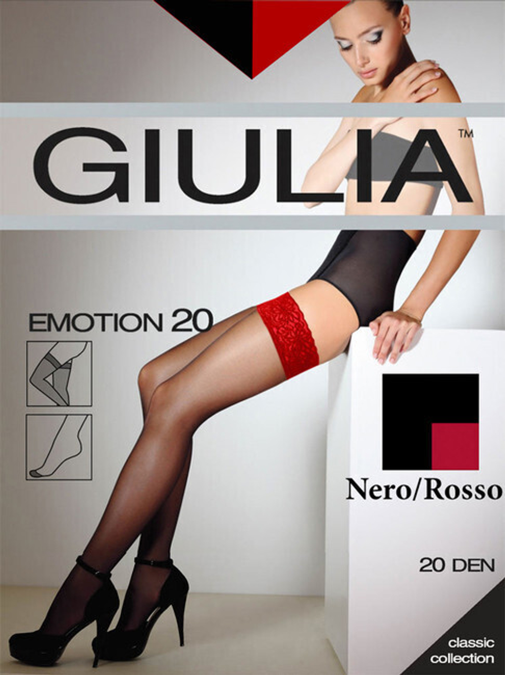 Чулки черные Emotion с красные кружевом на силиконовой ленте ,3/4 M/L, (44-46) 20 den (Цвет: черный с красным)