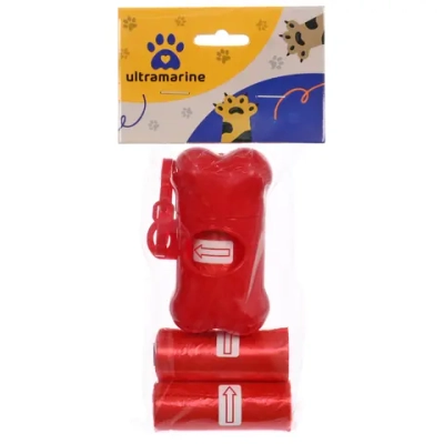 Контейнер с 3 упаковками пакетов для уборки за собакой с карабином, цвет красный (3*15шт)