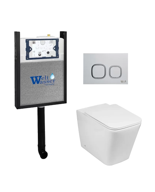 Комплект унитаза WeltWasser AMBERG 404 + GELBACH 002 GL-WT + AMBERG RD-WT белый глянцевый, безободковый, с крышкой микролифт, с бачком скрытого монтажа и белой кнопкой