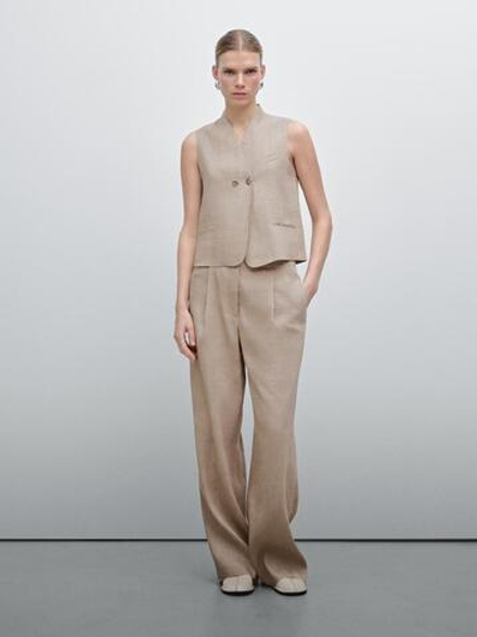Massimo Dutti Жилет из смесового льна в тонкую полоску, бежевый