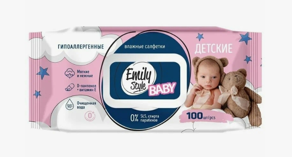 Emily Style влажные салфетки ДЕТСКИЕ гипоаллергенные с крышкой 0+* роз/гол 100шт (М