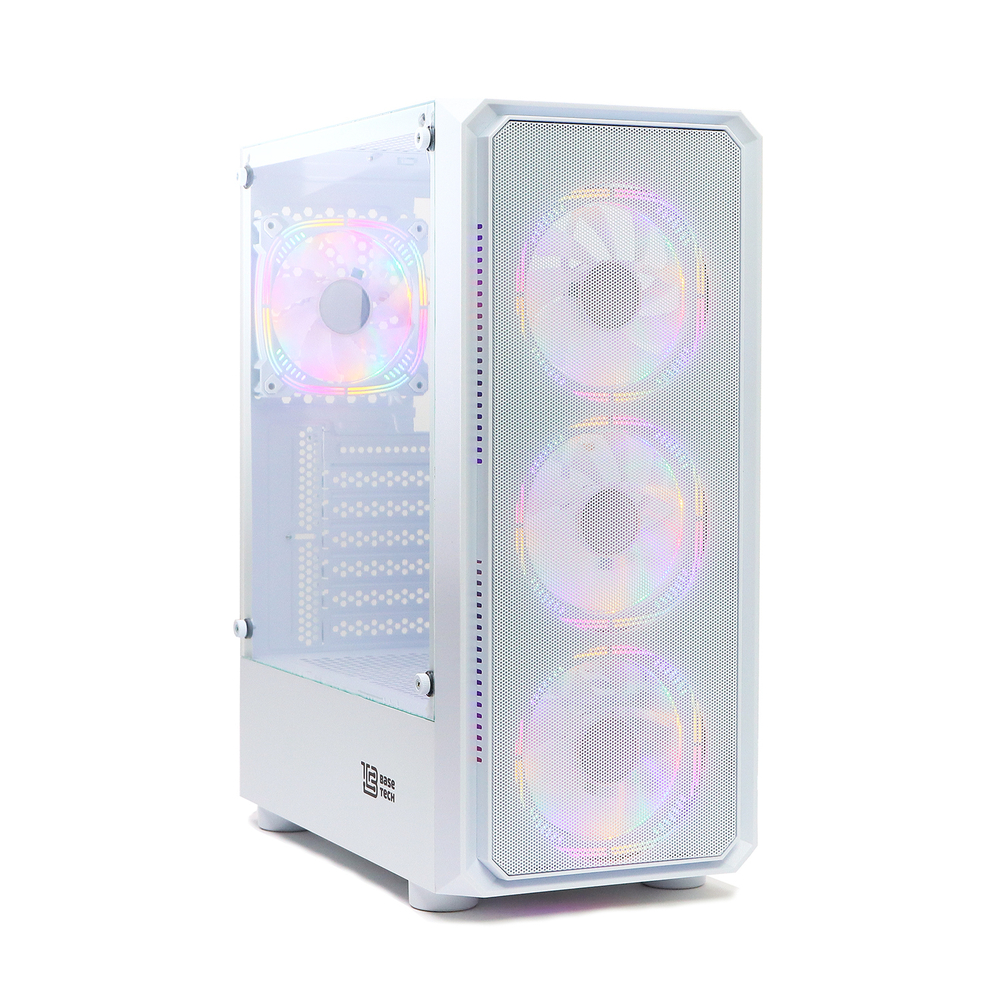Корпус BaseTech eXtreme GFX-03, Без БП, ATX, белый, 4xFRGB FAN, 2xUSB2, 1xUSB3, бок: закалённое стекло (BT-GFX-03W-MESH-4F-RGB)