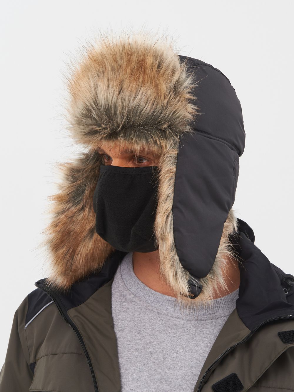 Шапка ушанка с маской Евро Енот ткань Taslan цвет Чёрный