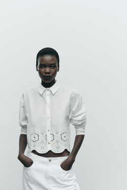 ZARA УКОРОЧЕННАЯ БЛУЗА С АЖУРНОЙ ВЫШИВКОЙ, БЕЛЫЙ