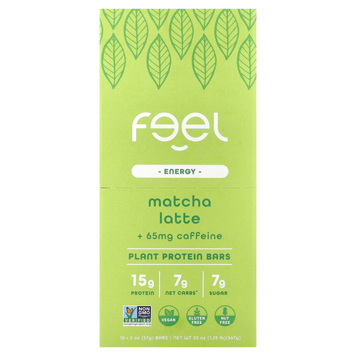 The Feel Bar, Energy, батончики с растительными протеинами, латте с матча и кофеином, 10 батончиков по 57 г (2 унции)