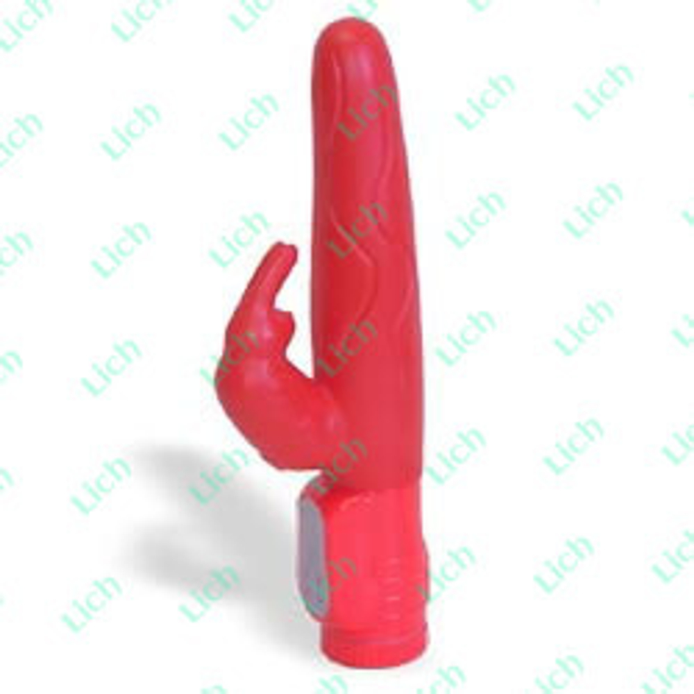 Яркий красный вибромассажер с клиторальным отростком и функцией вращения