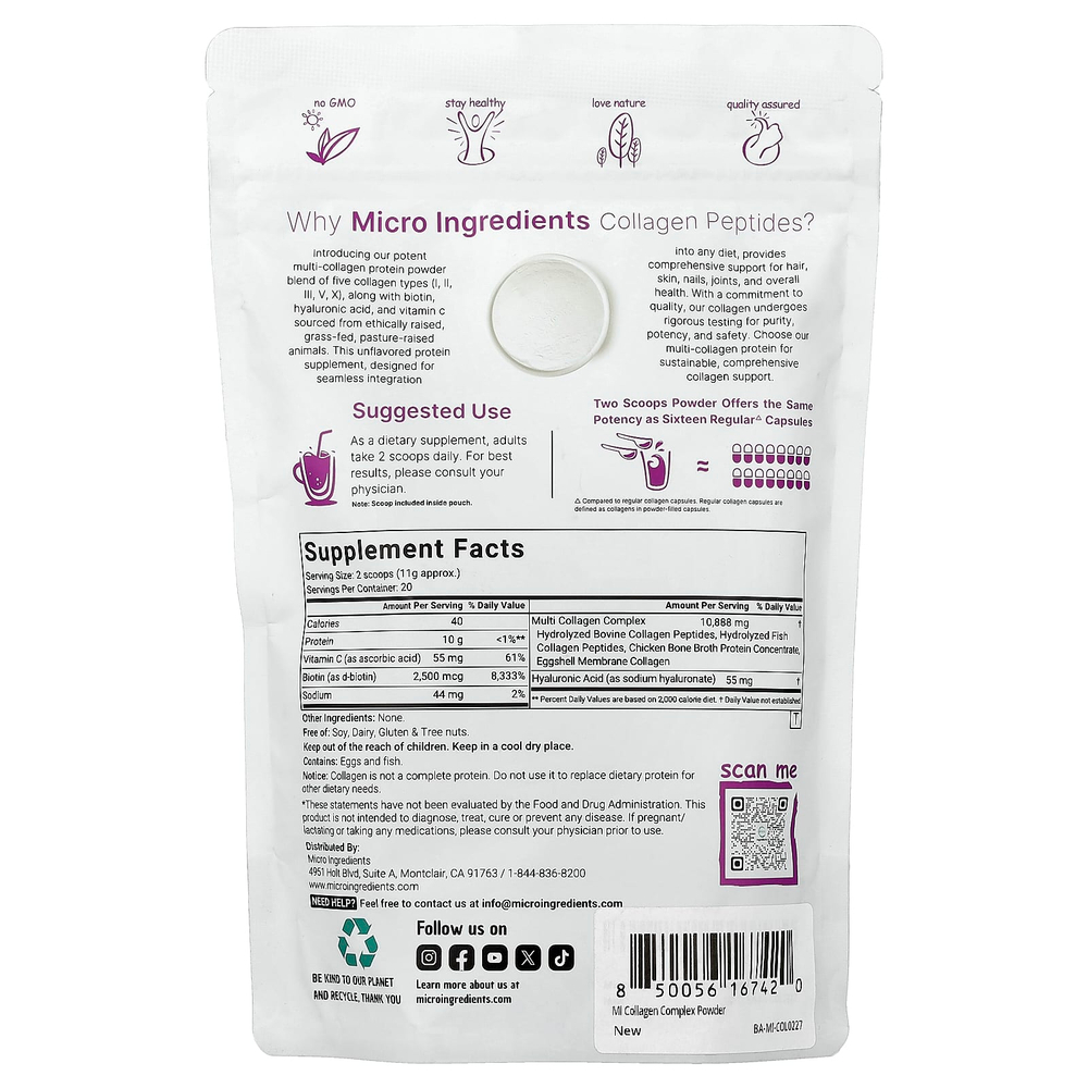 Micro Ingredients, пептиды коллагена нескольких типов, без добавок, 227 г (8 унций)
