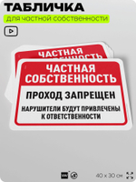 Табличка для частной территории "Частная собственность, проход запрещен", на дом, для участка, организаций, предупреждающая, 40х30 см, Silver Plane x Айдентика Технолоджи