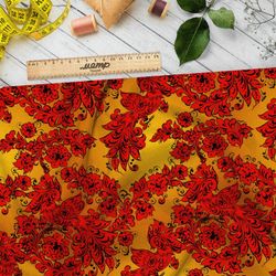 Ткань габардин хохломские узоры красные