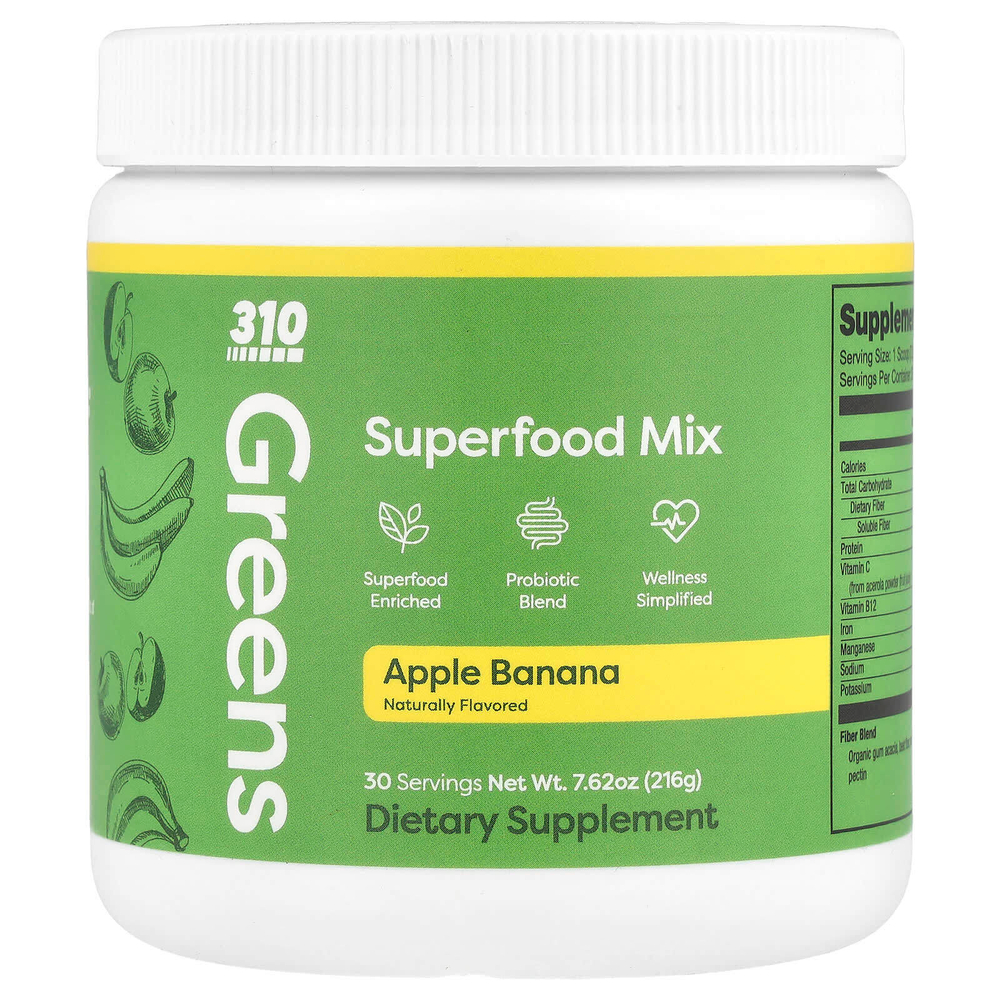 310 Nutrition, Greens, смесь суперфудов, яблоко и банан, 216 г (7,62 унции)