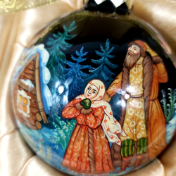 Сувенирный набор из 4-х новогодних шаров и наконечника с ручной росписью Палех "Сказки"